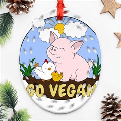 Go Vegan - Cute Pig And Chicken Oval Filigree Ornament (two Sides) by Valentinaart