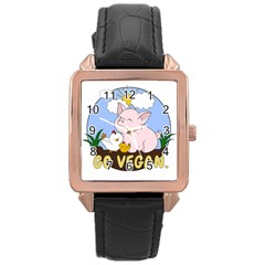 Go Vegan - Cute Pig And Chicken Rose Gold Leather Watch  by Valentinaart