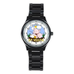 Go Vegan - Cute Pig And Chicken Stainless Steel Round Watch by Valentinaart