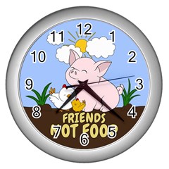 Friends Not Food - Cute Pig And Chicken Wall Clocks (silver)  by Valentinaart