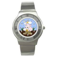 Friends Not Food - Cute Pig And Chicken Stainless Steel Watch by Valentinaart