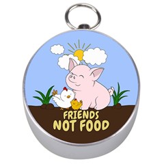 Friends Not Food - Cute Pig And Chicken Silver Compasses