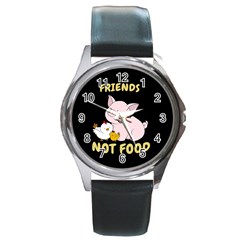 Friends Not Food - Cute Pig And Chicken Round Metal Watch by Valentinaart