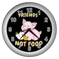 Friends Not Food - Cute Pig And Chicken Wall Clocks (silver)  by Valentinaart