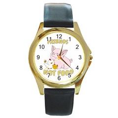 Friends Not Food - Cute Pig and Chicken Round Gold Metal Watch