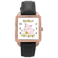 Friends Not Food - Cute Pig and Chicken Rose Gold Leather Watch 