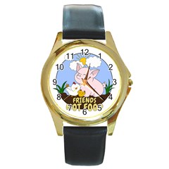 Friends Not Food - Cute Pig And Chicken Round Gold Metal Watch by Valentinaart