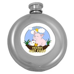 Friends Not Food - Cute Pig And Chicken Round Hip Flask (5 Oz) by Valentinaart