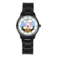 Friends Not Food - Cute Pig And Chicken Stainless Steel Round Watch by Valentinaart