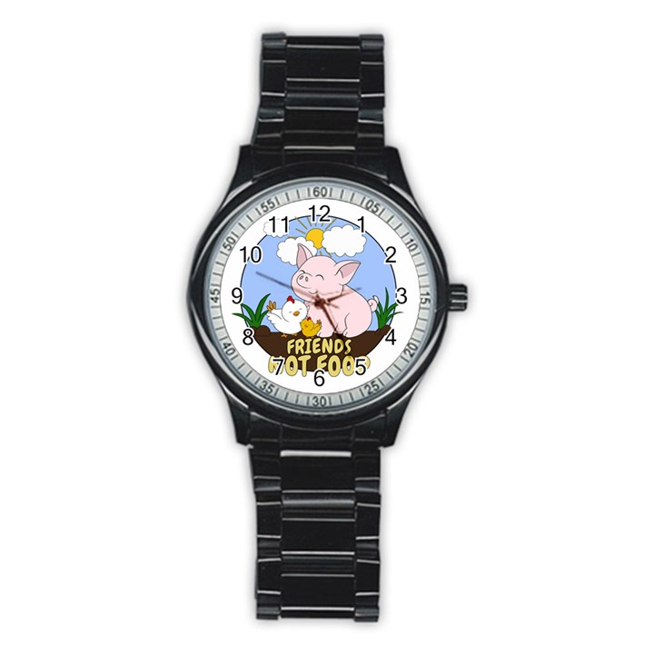 Friends Not Food - Cute Pig and Chicken Stainless Steel Round Watch