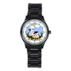 Friends Not Food - Cute Pig And Chicken Stainless Steel Round Watch by Valentinaart