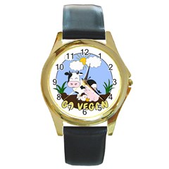 Friends Not Food - Cute Pig And Chicken Round Gold Metal Watch by Valentinaart