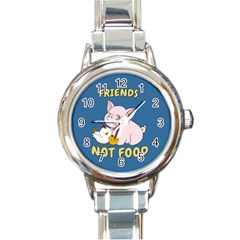 Friends Not Food - Cute Pig And Chicken Round Italian Charm Watch by Valentinaart