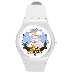 Friends Not Food - Cute Pig And Chicken Round Plastic Sport Watch (m) by Valentinaart