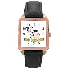 Friends Not Food - Cute Cow, Pig And Chicken Rose Gold Leather Watch  by Valentinaart