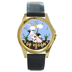 Friends Not Food - Cute Cow, Pig And Chicken Round Gold Metal Watch by Valentinaart