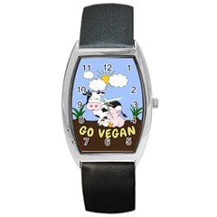 Friends Not Food - Cute Cow, Pig And Chicken Barrel Style Metal Watch by Valentinaart