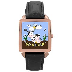 Friends Not Food - Cute Cow, Pig And Chicken Rose Gold Leather Watch  by Valentinaart