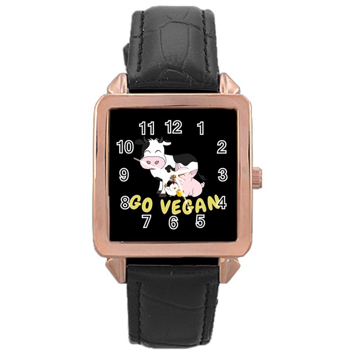 Friends Not Food - Cute Cow, Pig and Chicken Rose Gold Leather Watch 