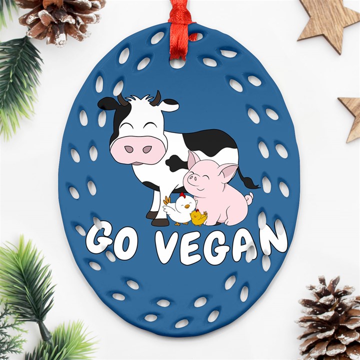 Friends Not Food - Cute Cow, Pig and Chicken Ornament (Oval Filigree)