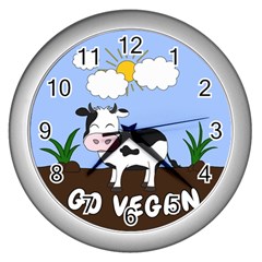 Friends Not Food - Cute Cow Wall Clocks (silver)  by Valentinaart