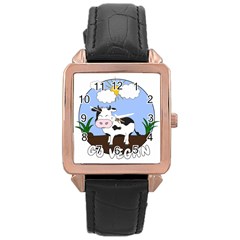 Friends Not Food - Cute Cow Rose Gold Leather Watch  by Valentinaart