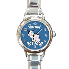 Friends Not Food - Cute Cow, Pig And Chicken Round Italian Charm Watch by Valentinaart