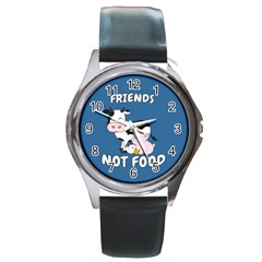 Friends Not Food - Cute Cow, Pig And Chicken Round Metal Watch by Valentinaart