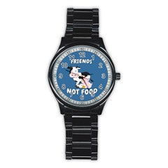 Friends Not Food - Cute Cow, Pig And Chicken Stainless Steel Round Watch by Valentinaart