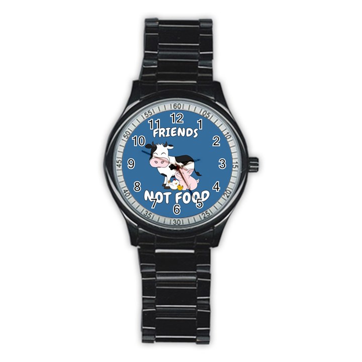 Friends Not Food - Cute Cow, Pig and Chicken Stainless Steel Round Watch