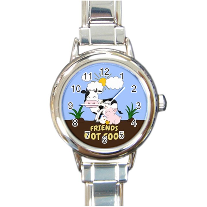 Friends Not Food - Cute Cow, Pig and Chicken Round Italian Charm Watch