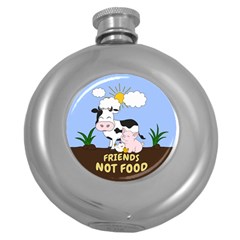 Friends Not Food - Cute Cow, Pig And Chicken Round Hip Flask (5 Oz) by Valentinaart