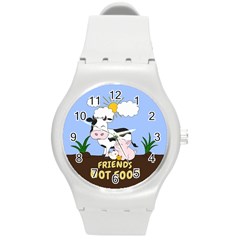 Friends Not Food - Cute Cow, Pig And Chicken Round Plastic Sport Watch (m) by Valentinaart