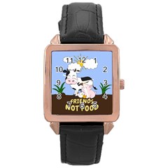 Friends Not Food - Cute Cow, Pig And Chicken Rose Gold Leather Watch  by Valentinaart