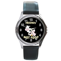 Friends Not Food - Cute Cow, Pig And Chicken Round Metal Watch by Valentinaart