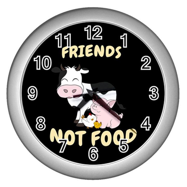 Friends Not Food - Cute Cow, Pig and Chicken Wall Clocks (Silver) 