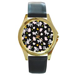 The Farm Pattern Round Gold Metal Watch by Valentinaart