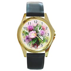 Flowers Roses Bouquet Art Nature Round Gold Metal Watch by Nexatart