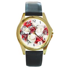 Flowers Roses Bouquet Art Nature Round Gold Metal Watch by Nexatart