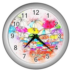 Umbrella Art Abstract Watercolor Wall Clocks (silver)  by Nexatart