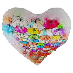 Umbrella Art Abstract Watercolor Large 19  Premium Flano Heart Shape Cushions