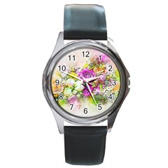 Flowers Bouquet Art Nature Round Metal Watch by Nexatart