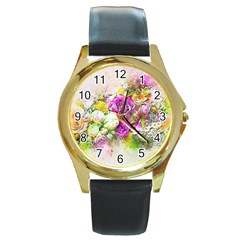 Flowers Bouquet Art Nature Round Gold Metal Watch by Nexatart