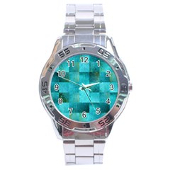 Background Squares Blue Green Stainless Steel Analogue Watch by Nexatart