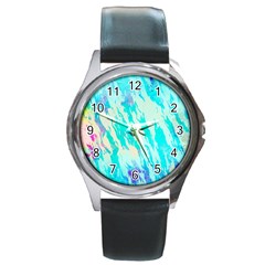 Blue Background Art Abstract Watercolor Round Metal Watch by Nexatart