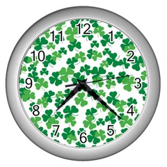 St  Patricks Day Clover Pattern Wall Clocks (silver)  by Valentinaart