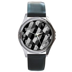 Black And White Grunge Striped Pattern Round Metal Watch