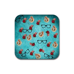 Vintage Glasses Blue Rubber Coaster (square)  by snowwhitegirl