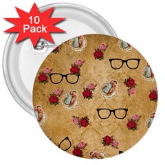 Vintage Glasses Beige 3  Buttons (10 Pack)  by snowwhitegirl