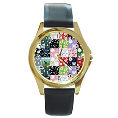 Dino Quilt Round Gold Metal Watch by snowwhitegirl